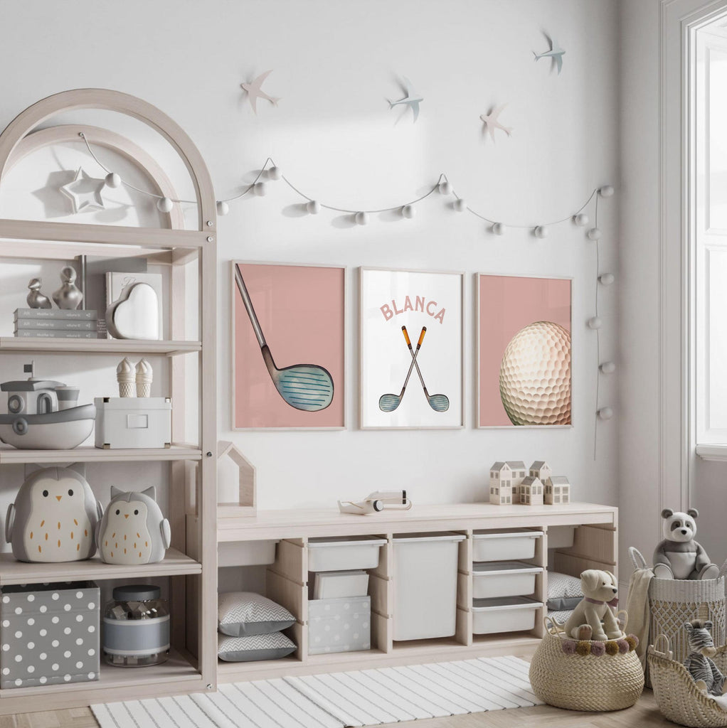 Golf Girl Nursery Wall Art Set of 3, Pink Golf Themed Room Decor, Watercolor Golf Cart & Clubs Prints for Girls Room