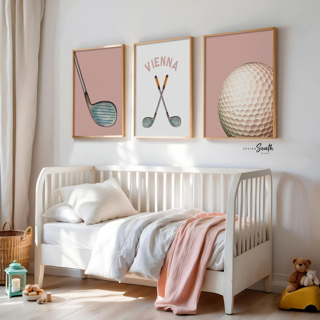 Golf Girl Nursery Wall Art Set of 3, Pink Golf Themed Room Decor, Watercolor Golf Cart & Clubs Prints for Girls Room