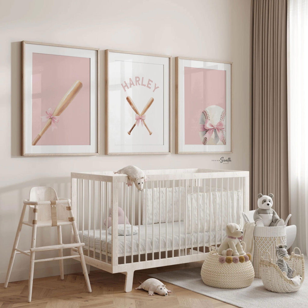 Personalized Softball Girl Wall Art – Pink Softball & Bat with Bows – Custom Name Nursery or Bedroom Decor