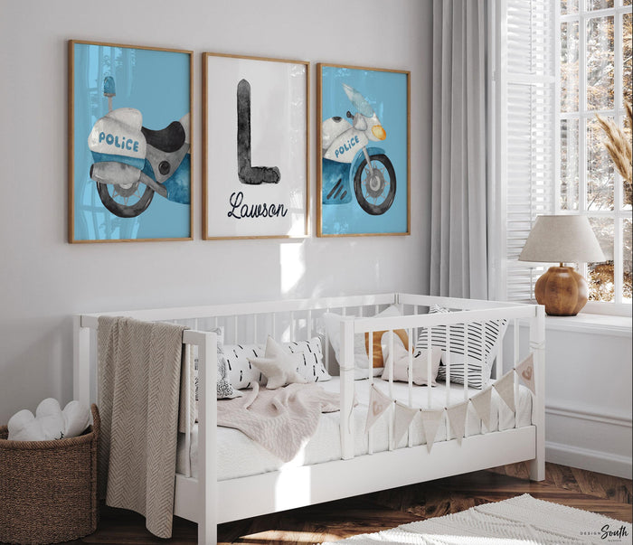 Personalized Police Motorcycle Nursery Prints – Set of 3 Boys Room Decor