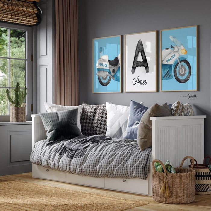 Personalized Police Motorcycle Nursery Prints – Set of 3 Boys Room Decor