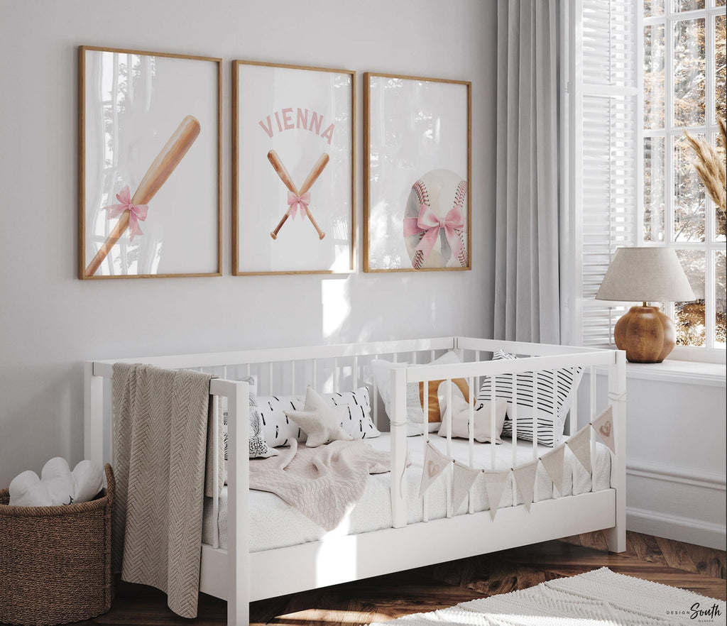 Pastel Softball Girl Prints – Personalized Set of 3 with Bats, Ball & Bow – Sweet Sports Nursery Wall Art