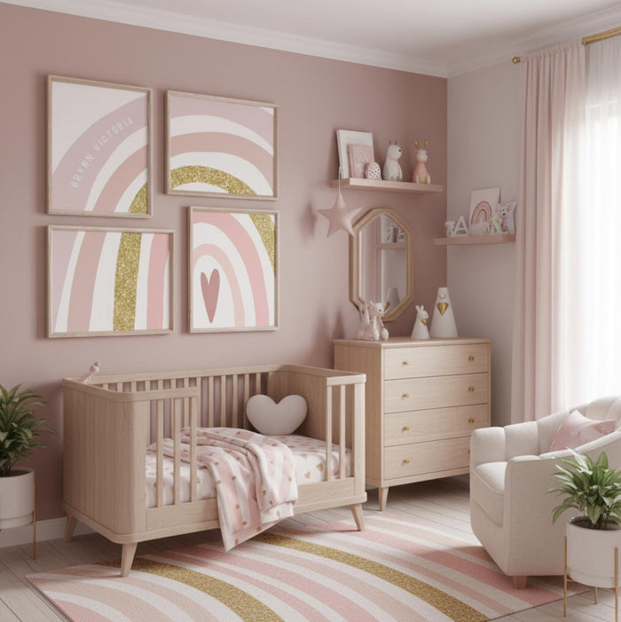 Personalized Twin Girls Room Art: Pink Gold Rainbow Prints