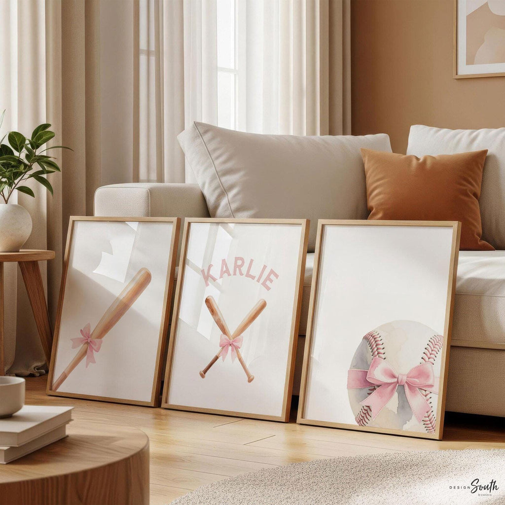 Pastel Softball Girl Prints – Personalized Set of 3 with Bats, Ball & Bow – Sweet Sports Nursery Wall Art