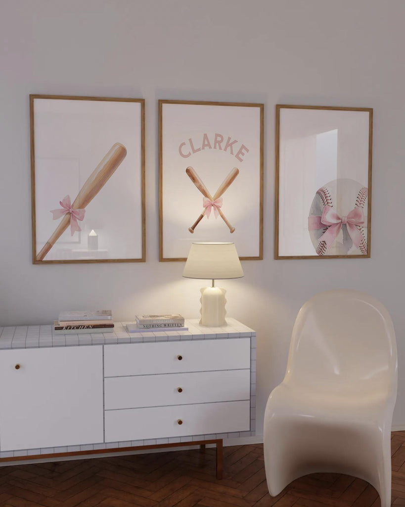 Pastel Softball Girl Prints – Personalized Set of 3 with Bats, Ball & Bow – Sweet Sports Nursery Wall Art