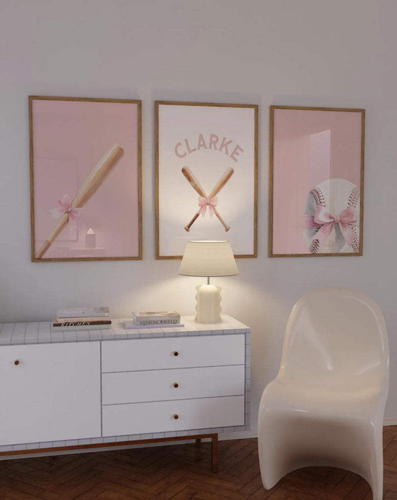 Custom Name Softball Wall Art – Soft Pastel Set of 3 with Ball, Bats & Bow – Sports Theme for Girl Nursery or Bedroom