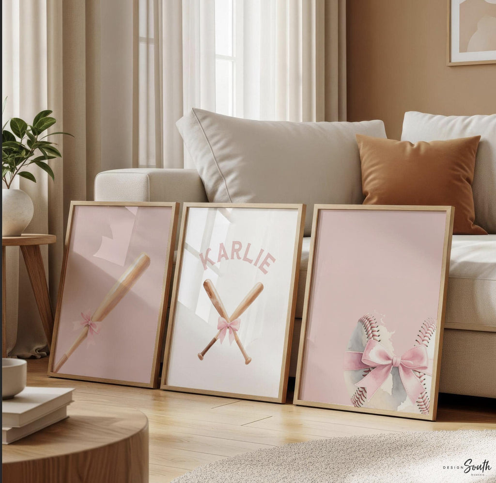 Custom Name Softball Wall Art – Soft Pastel Set of 3 with Ball, Bats & Bow – Sports Theme for Girl Nursery or Bedroom