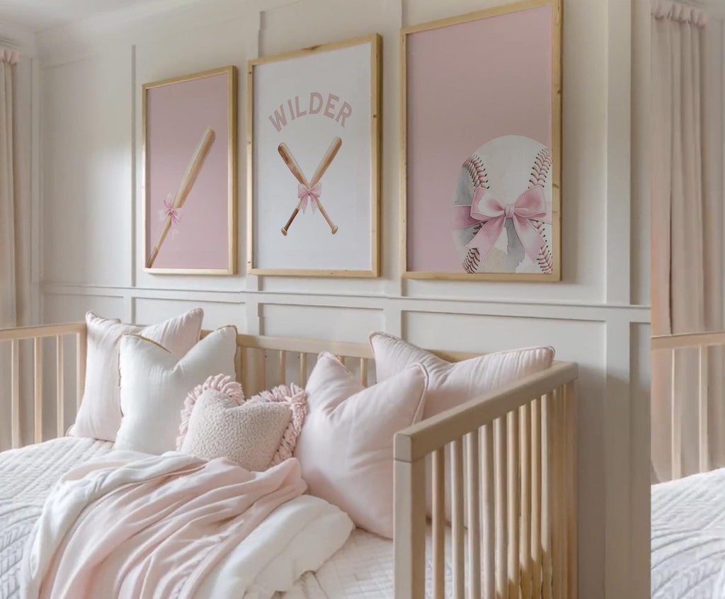 Custom Name Softball Wall Art – Soft Pastel Set of 3 with Ball, Bats & Bow – Sports Theme for Girl Nursery or Bedroom