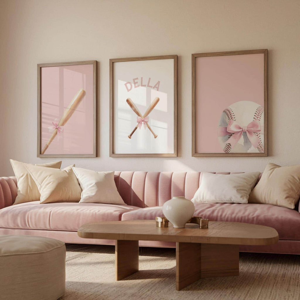 Custom Name Softball Wall Art – Soft Pastel Set of 3 with Ball, Bats & Bow – Sports Theme for Girl Nursery or Bedroom