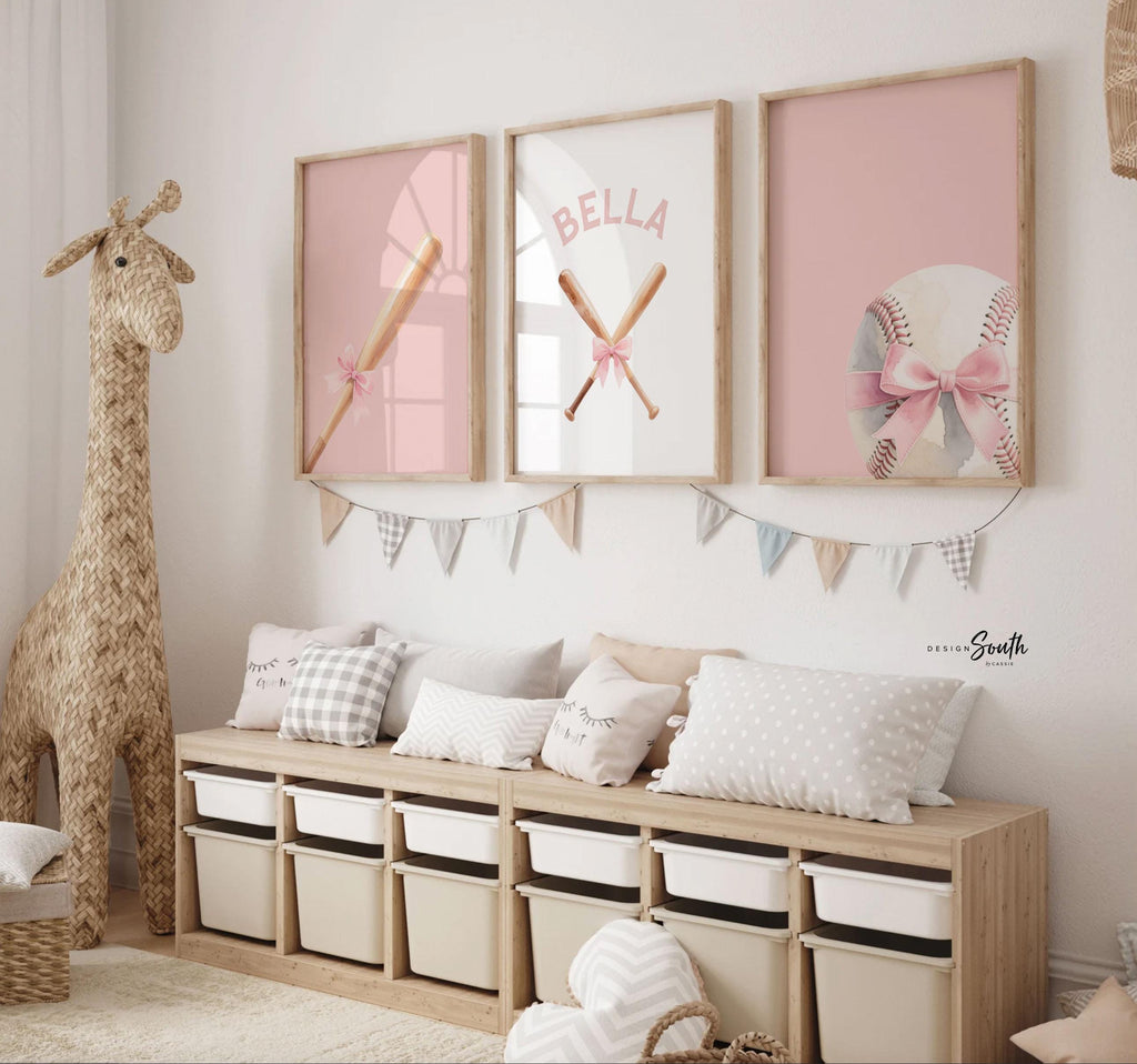 Custom Name Softball Wall Art – Soft Pastel Set of 3 with Ball, Bats & Bow – Sports Theme for Girl Nursery or Bedroom