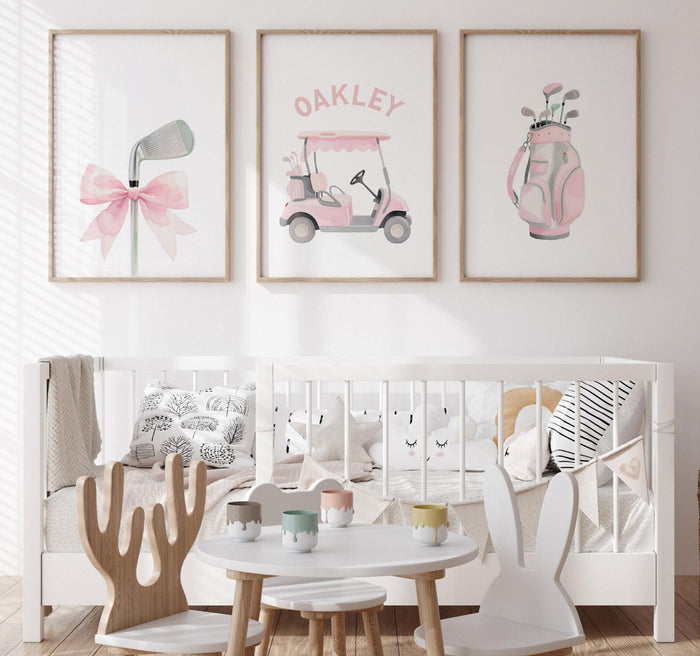 Soft Pastel Golf Girl Prints – Set of 3 Personalized Watercolor Golf Cart & Club Designs – Chic Pink Nursery Wall Art