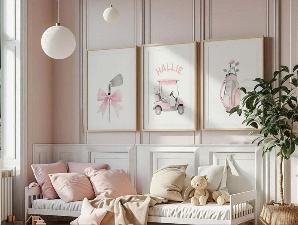 Soft Pastel Golf Girl Prints – Set of 3 Personalized Watercolor Golf Cart & Club Designs – Chic Pink Nursery Wall Art