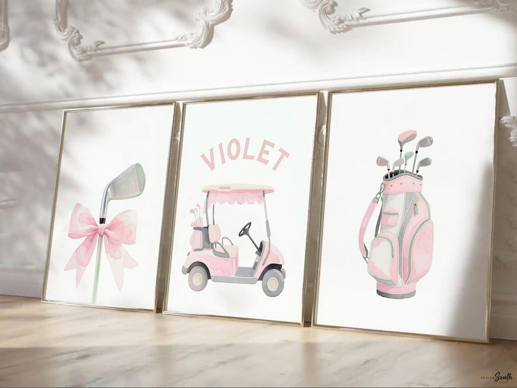 Soft Pastel Golf Girl Prints – Set of 3 Personalized Watercolor Golf Cart & Club Designs – Chic Pink Nursery Wall Art