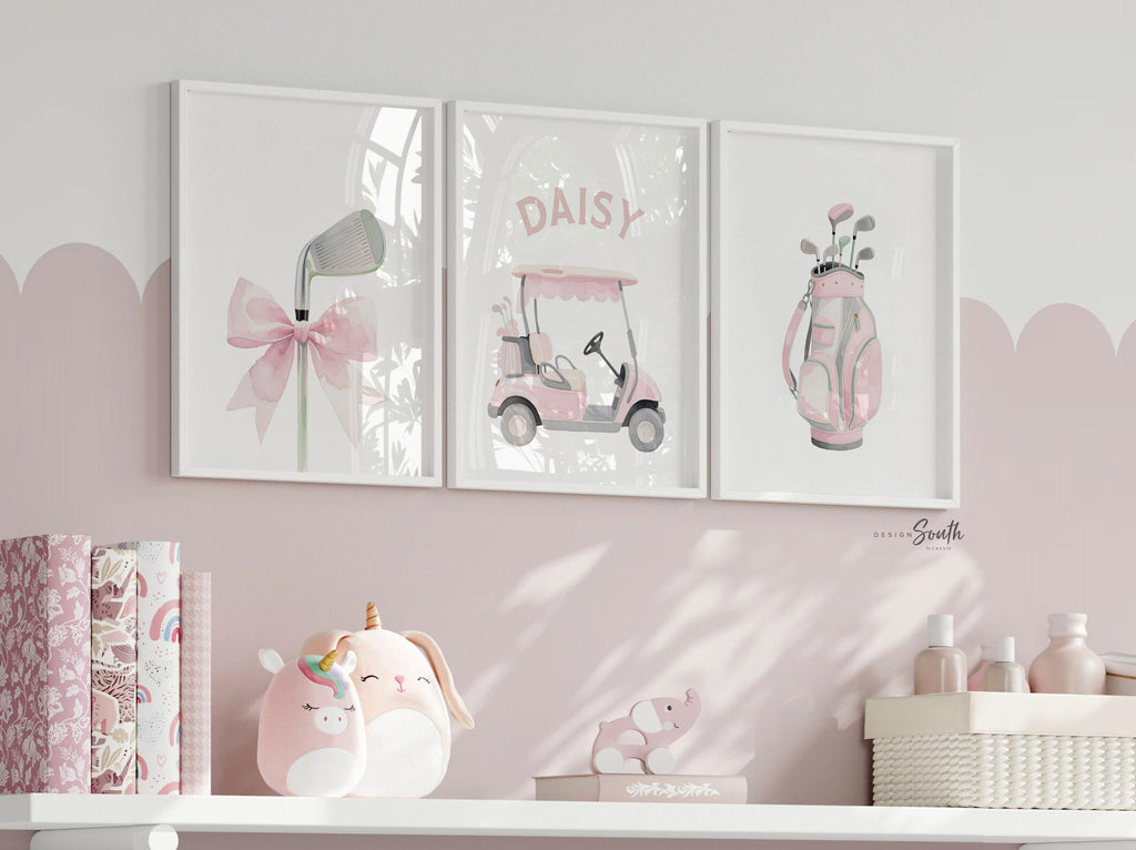 Soft Pastel Golf Girl Prints – Set of 3 Personalized Watercolor Golf Cart & Club Designs – Chic Pink Nursery Wall Art