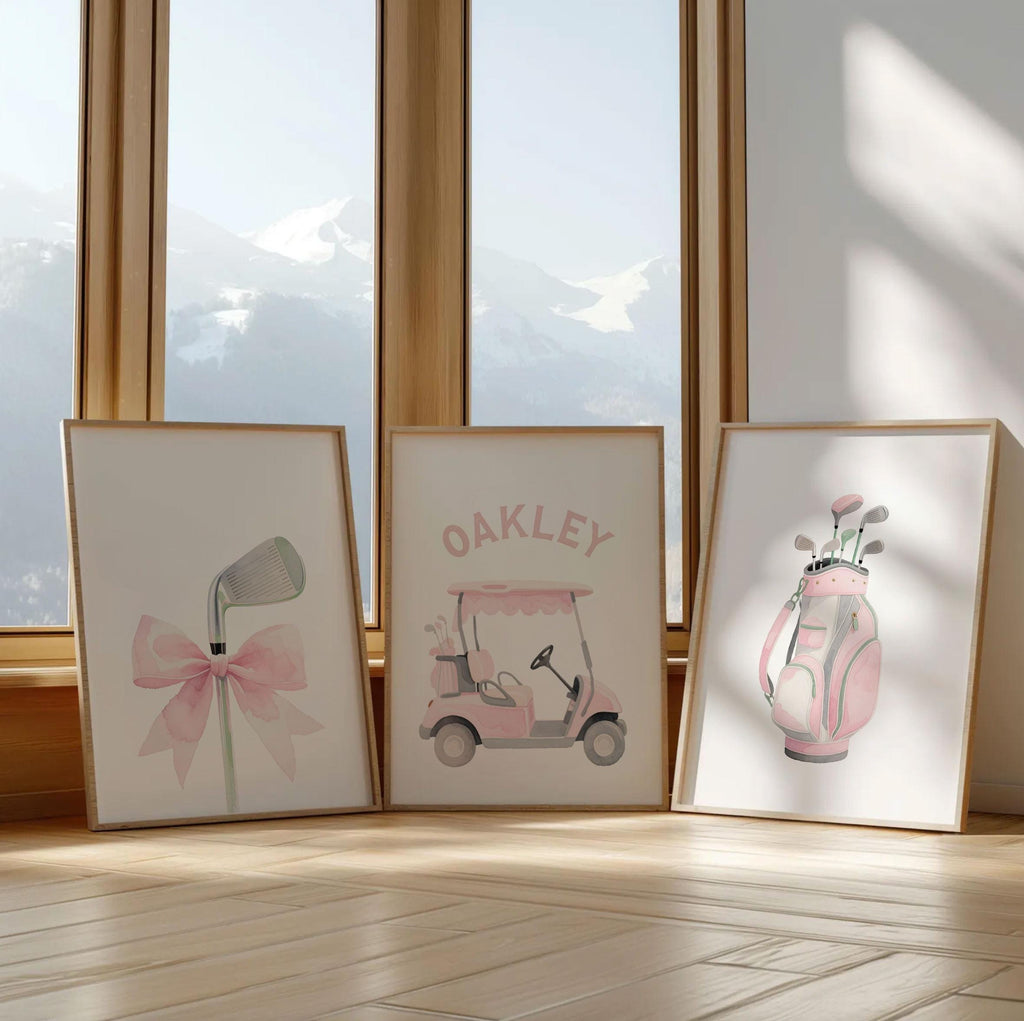 Soft Pastel Golf Girl Prints – Set of 3 Personalized Watercolor Golf Cart & Club Designs – Chic Pink Nursery Wall Art