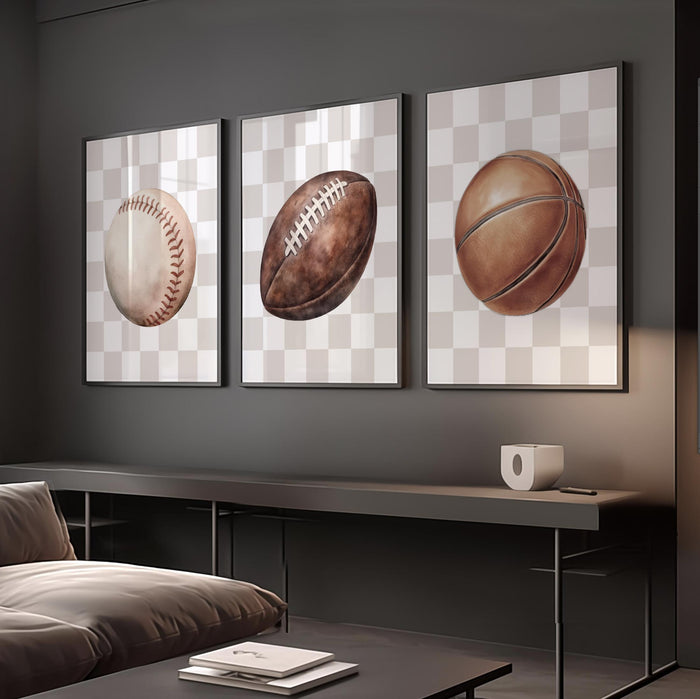 Modern Sports Wall Art – Neutral Checkerboard Set for Boys – Football, Basketball & Baseball Prints for Nursery or Teen Room
