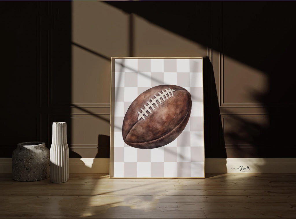 Modern Sports Wall Art – Neutral Checkerboard Set for Boys – Football, Basketball & Baseball Prints for Nursery or Teen Room