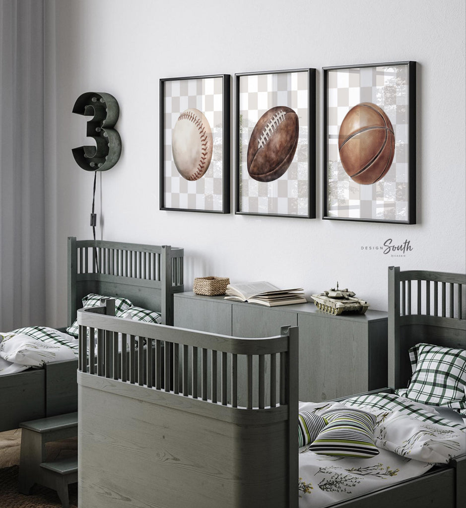 Modern Sports Wall Art – Neutral Checkerboard Set for Boys – Football, Basketball & Baseball Prints for Nursery or Teen Room