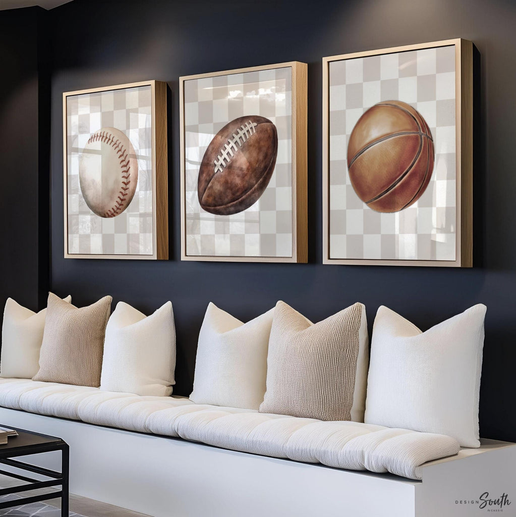 Modern Sports Wall Art – Neutral Checkerboard Set for Boys – Football, Basketball & Baseball Prints for Nursery or Teen Room
