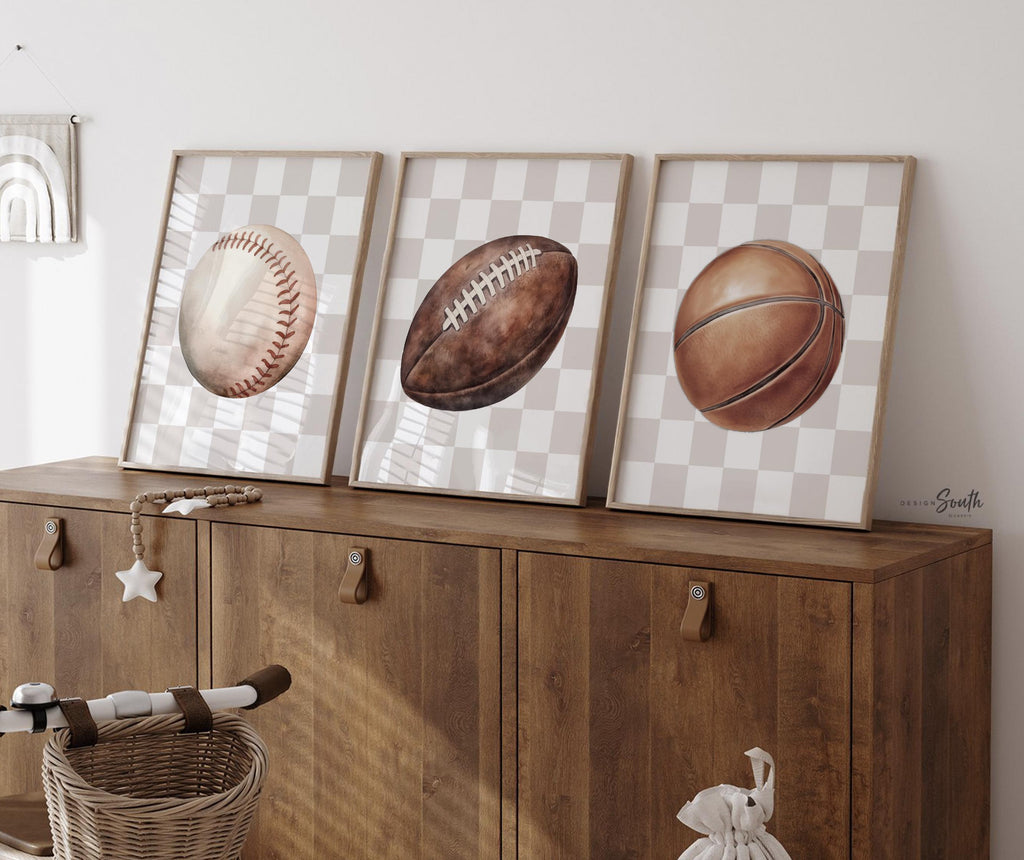 Modern Sports Wall Art – Neutral Checkerboard Set for Boys – Football, Basketball & Baseball Prints for Nursery or Teen Room