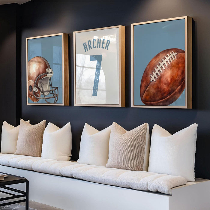 Blue Sports Bedroom or Nursery Decor: Personalized Football Name & Number Print Set