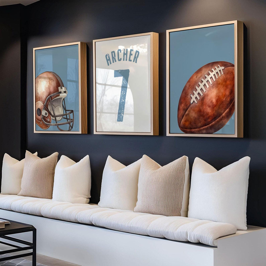 Blue Sports Bedroom or Nursery Decor: Personalized Football Name & Number Print Set