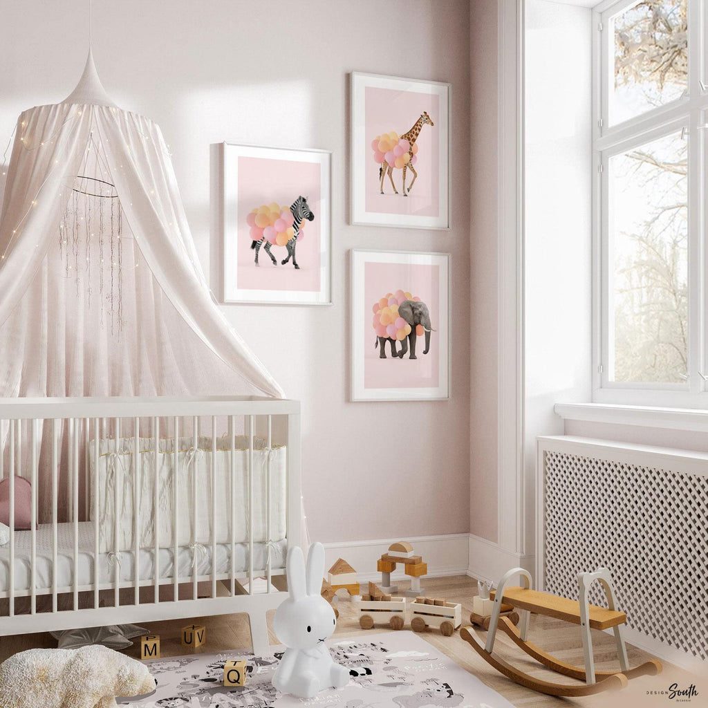 Pink Safari Animal Prints – Set of 3 Watercolor Wall Art with Balloons – Elephant, Zebra & Giraffe Nursery Decor