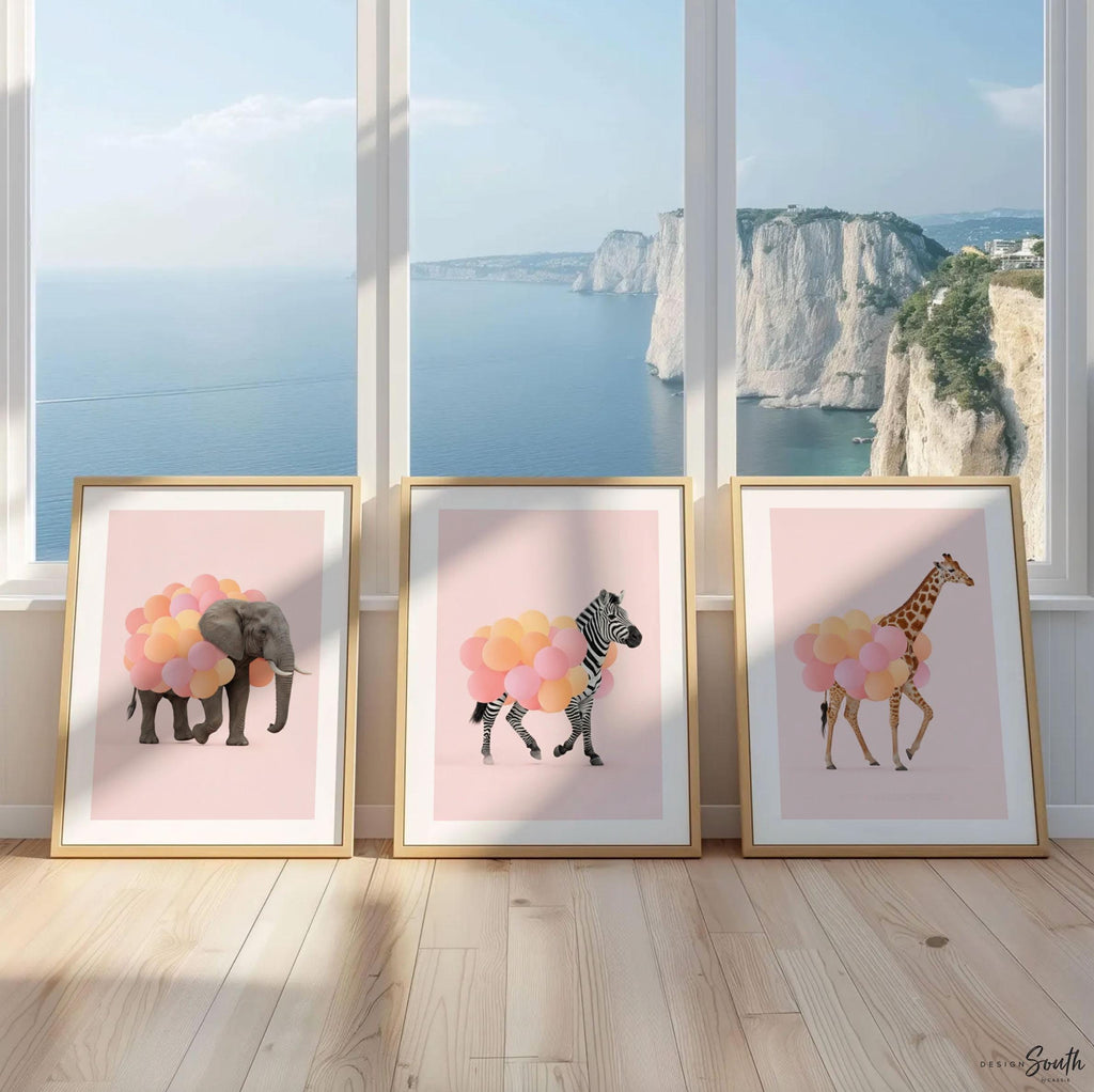 Pink Safari Animal Prints – Set of 3 Watercolor Wall Art with Balloons – Elephant, Zebra & Giraffe Nursery Decor