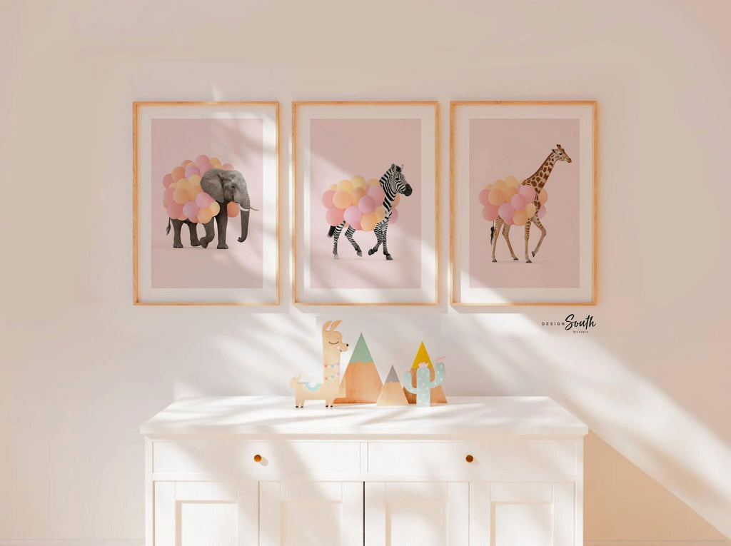 Pink Safari Animal Prints – Set of 3 Watercolor Wall Art with Balloons – Elephant, Zebra & Giraffe Nursery Decor
