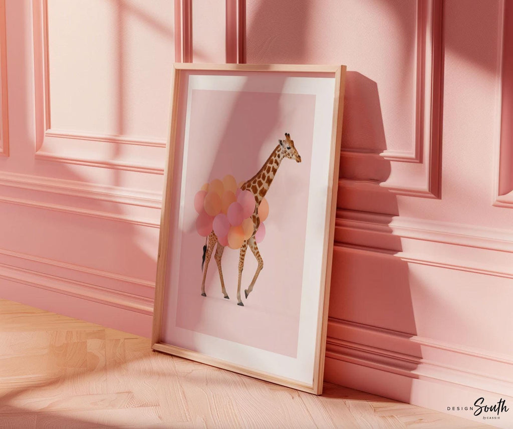 Pink Safari Animal Prints – Set of 3 Watercolor Wall Art with Balloons – Elephant, Zebra & Giraffe Nursery Decor