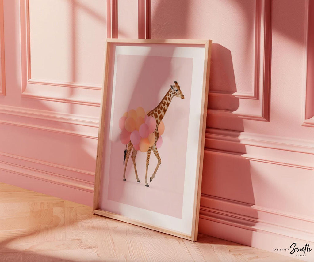 Girls Safari Wall Art – Pastel Pink Set of 3 Animal Prints with Balloons – Cheetah, Zebra & Giraffe Nursery or Bedroom