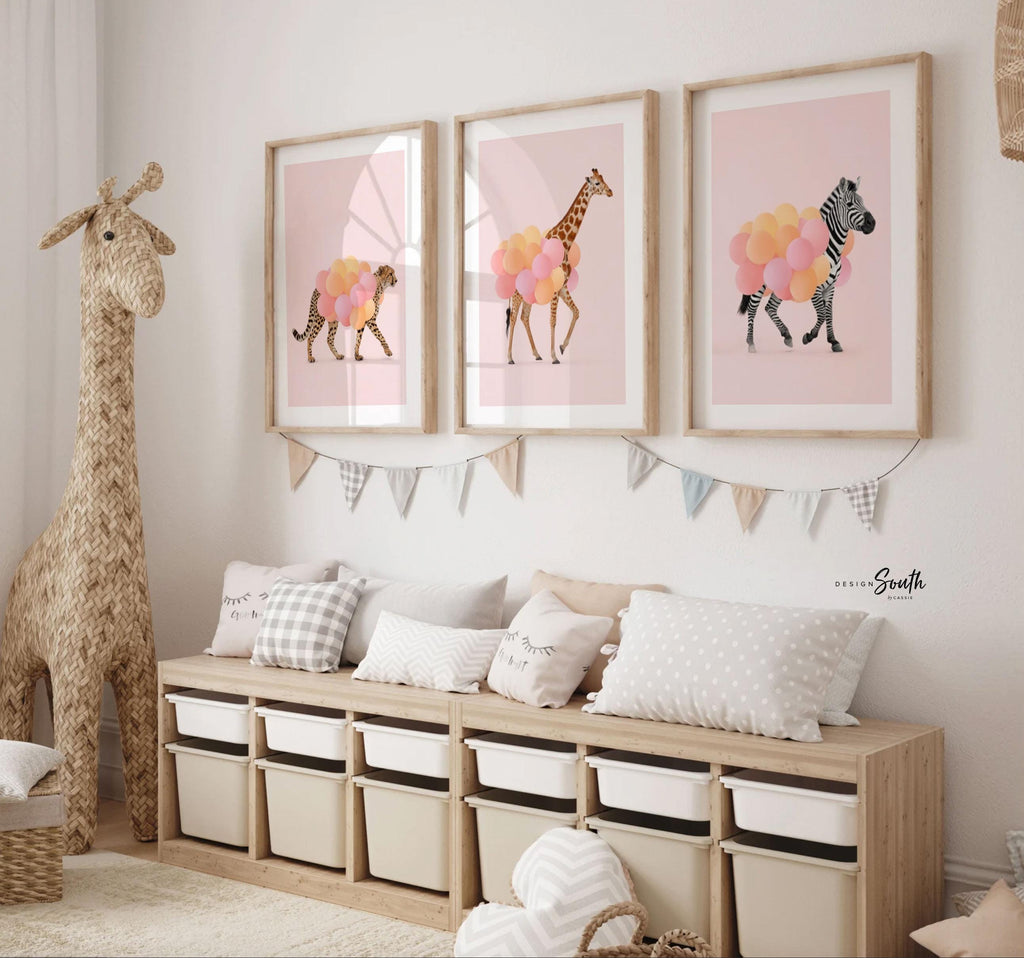 Girls Safari Wall Art – Pastel Pink Set of 3 Animal Prints with Balloons – Cheetah, Zebra & Giraffe Nursery or Bedroom
