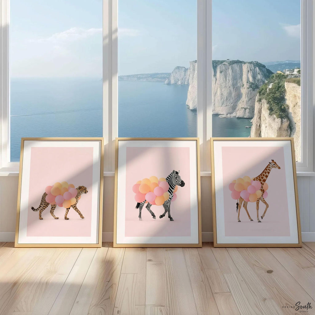 Girls Safari Wall Art – Pastel Pink Set of 3 Animal Prints with Balloons – Cheetah, Zebra & Giraffe Nursery or Bedroom
