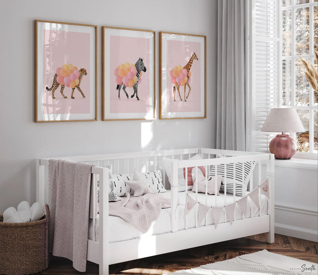 Girls Safari Wall Art – Pastel Pink Set of 3 Animal Prints with Balloons – Cheetah, Zebra & Giraffe Nursery or Bedroom