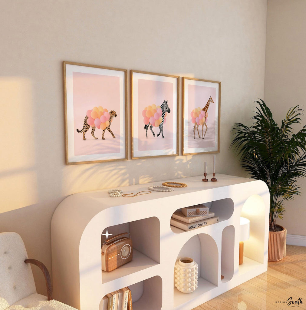 Girls Safari Wall Art – Pastel Pink Set of 3 Animal Prints with Balloons – Cheetah, Zebra & Giraffe Nursery or Bedroom