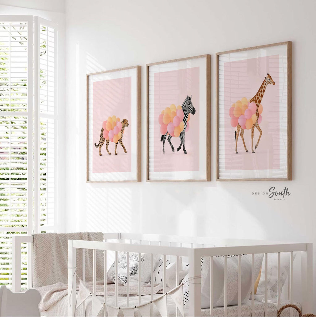 Girls Safari Wall Art – Pastel Pink Set of 3 Animal Prints with Balloons – Cheetah, Zebra & Giraffe Nursery or Bedroom