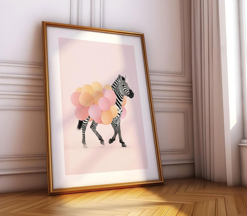 Girls Safari Wall Art – Pastel Pink Set of 3 Animal Prints with Balloons – Cheetah, Zebra & Giraffe Nursery or Bedroom