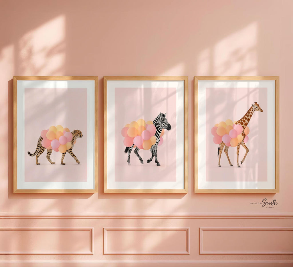 Girls Safari Wall Art – Pastel Pink Set of 3 Animal Prints with Balloons – Cheetah, Zebra & Giraffe Nursery or Bedroom