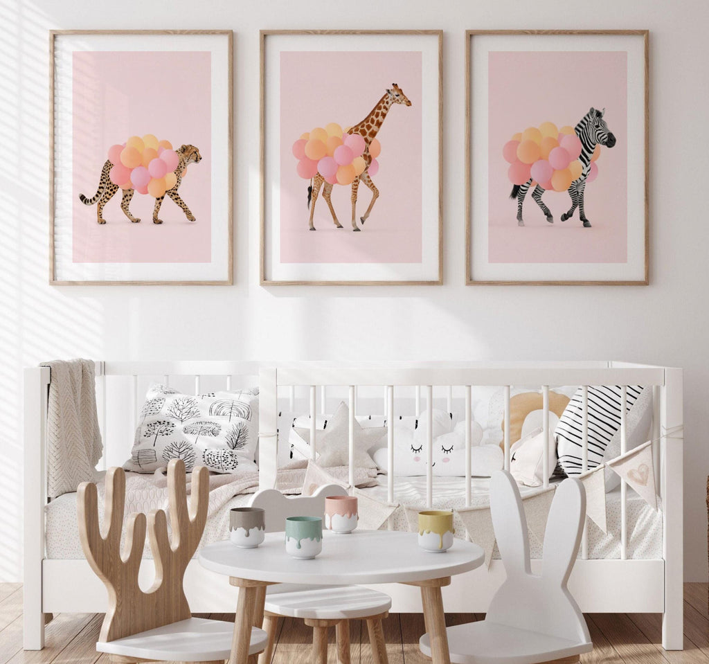 Girls Safari Wall Art – Pastel Pink Set of 3 Animal Prints with Balloons – Cheetah, Zebra & Giraffe Nursery or Bedroom