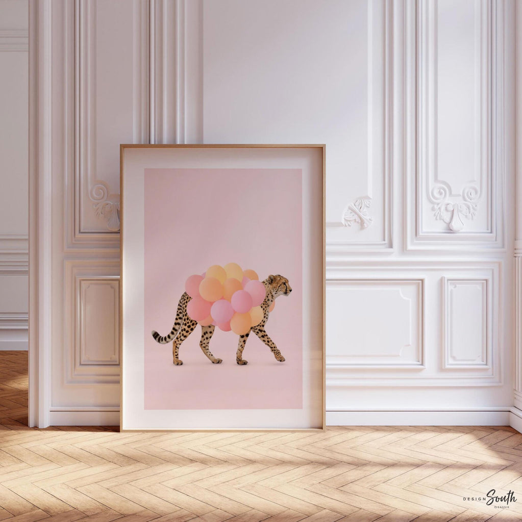 Pink Safari Animal Wall Art Prints, Flamingo, Zebra, Giraffe, Cheetah, Antelope & Lemur with Balloons, Girl Nursery, Bedroom Playroom Décor