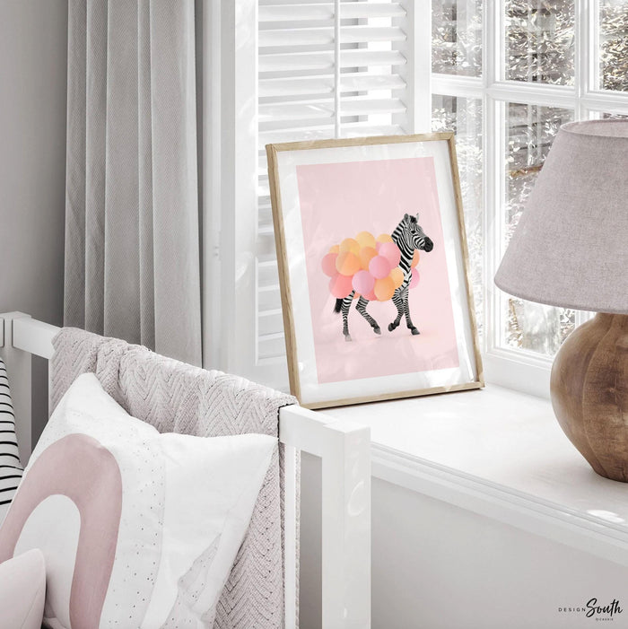 Pink Safari Animal Wall Art Prints, Flamingo, Zebra, Giraffe, Cheetah, Antelope & Lemur with Balloons, Girl Nursery, Bedroom Playroom Décor