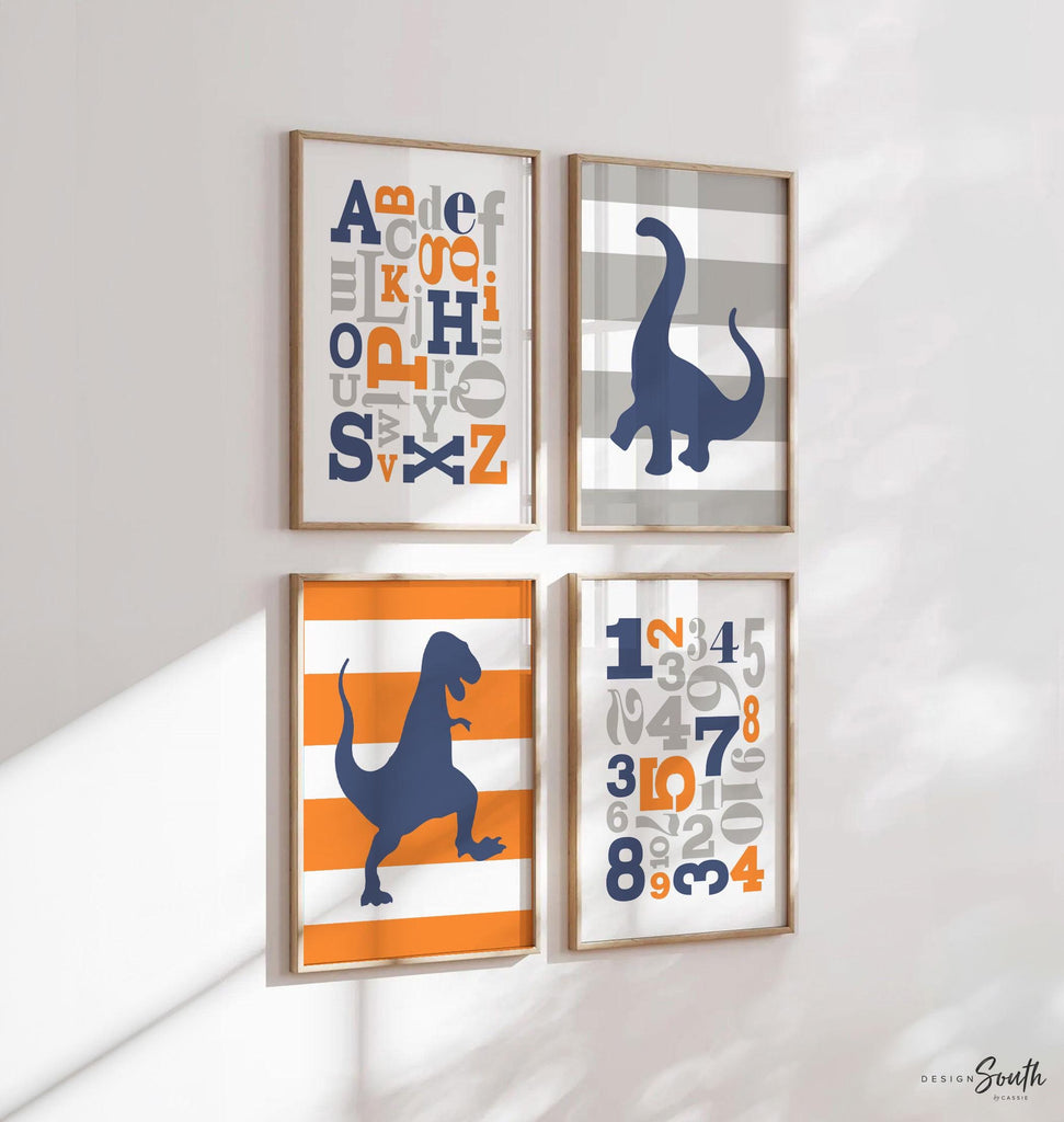 Dinosaur nursery decor orange and navy blue, kids prints, dinosaur wall art, dinosaur kids abc gift, orange and blue wall art boy, abc 123
