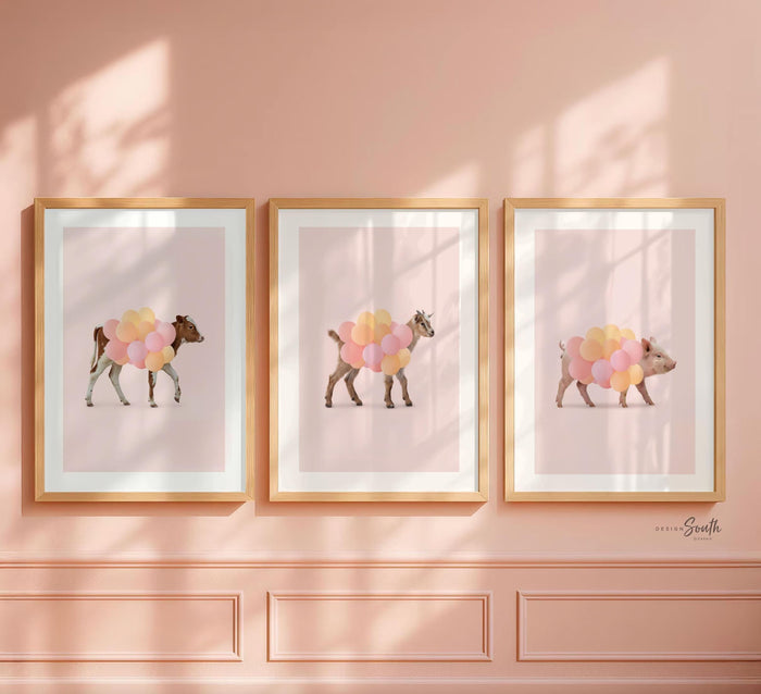 Farm Animal Nursery Prints – Pastel Pink Cow, Goat, Pig with Balloons