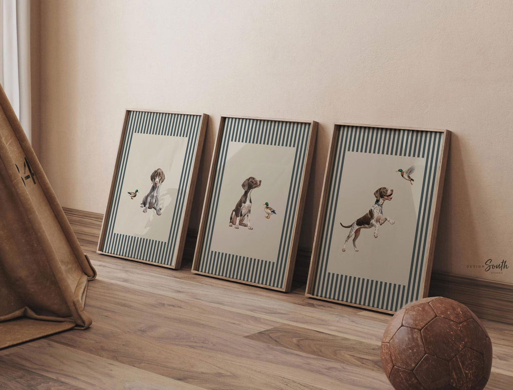 Vintage Bird Dog Print Set: German Shorthaired Pointer Puppy Art in Blue & Neutral Stripes