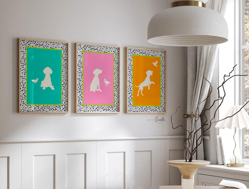 German Shorthaired Pointer Wall Art Set: Bright Neon Prints in Pink, Lime & Teal with Dalmatian Speckles, Playroom or Living Room Decor