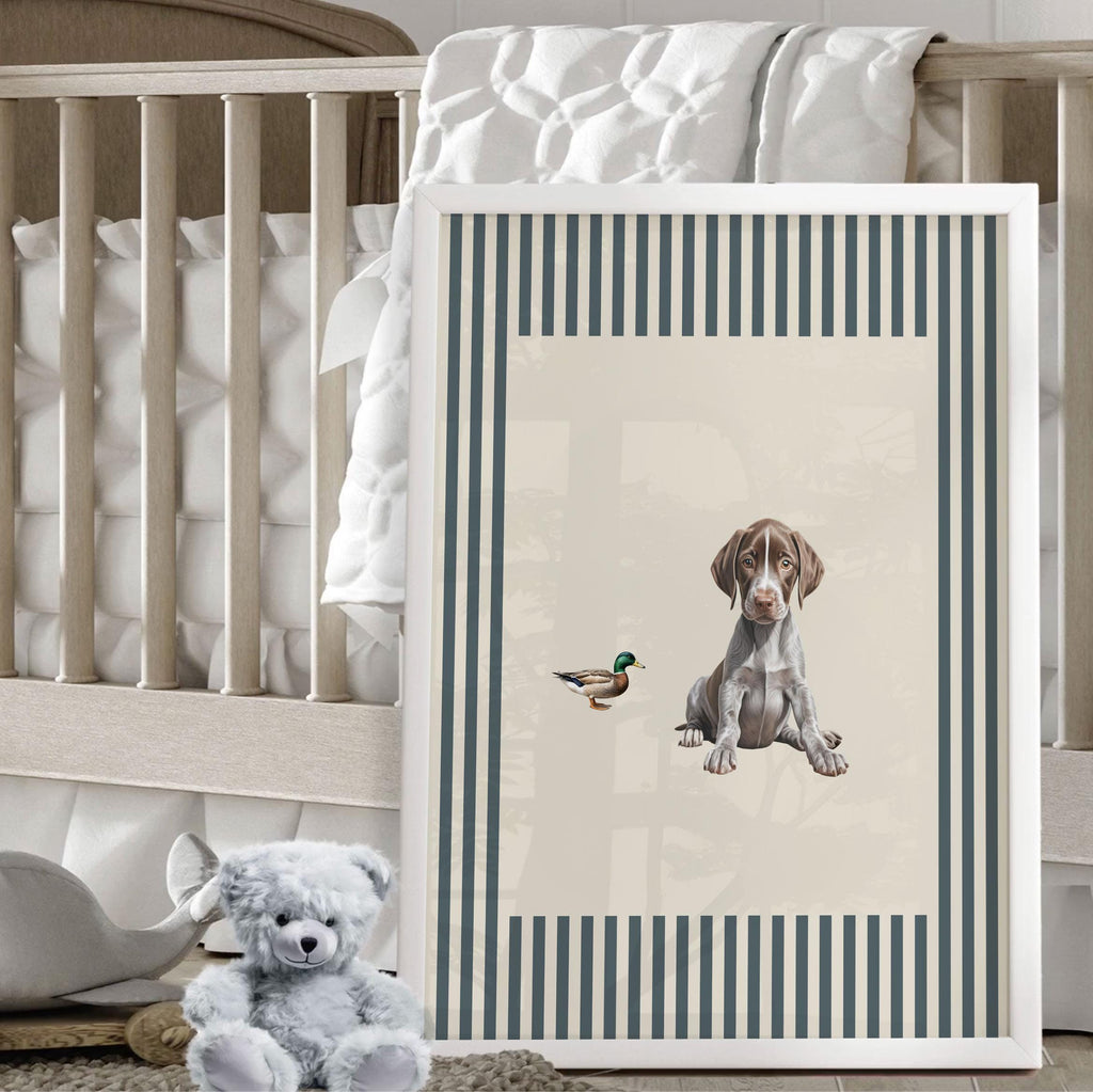 Vintage Bird Dog Print Set: German Shorthaired Pointer Puppy Art in Blue & Neutral Stripes
