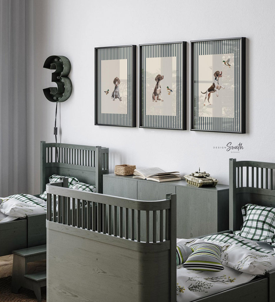 Vintage Bird Dog Print Set: German Shorthaired Pointer Puppy Art in Blue & Neutral Stripes