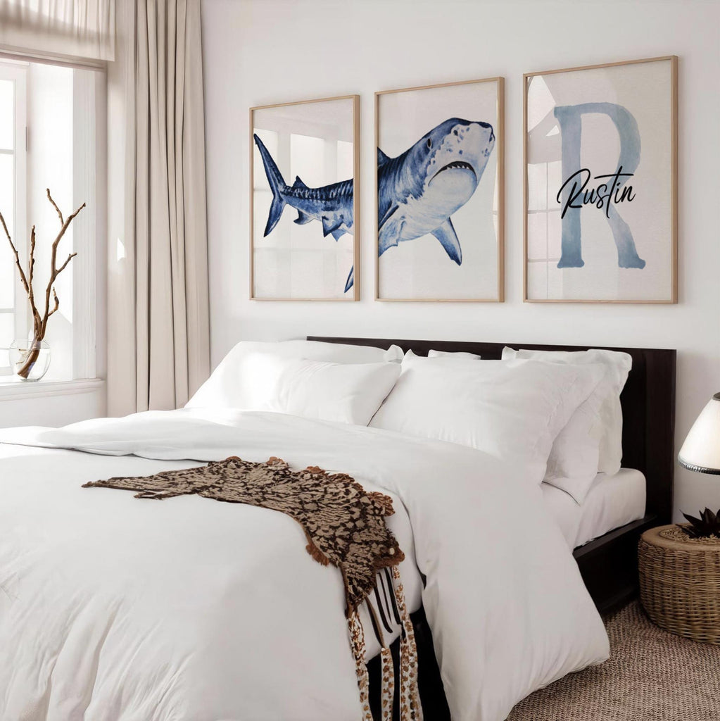 Personalized Shark Wall Art Set: Watercolor Ocean Nursery Prints, Baby Boy Name & Initial Decor, Blue Coastal Kids Room Artwork