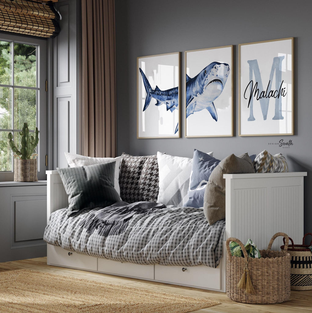 Personalized Shark Wall Art Set: Watercolor Ocean Nursery Prints, Baby Boy Name & Initial Decor, Blue Coastal Kids Room Artwork