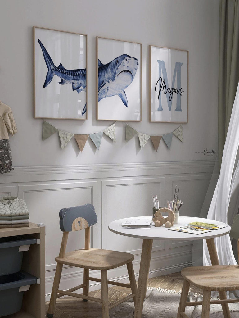 Personalized Shark Wall Art Set: Watercolor Ocean Nursery Prints, Baby Boy Name & Initial Decor, Blue Coastal Kids Room Artwork